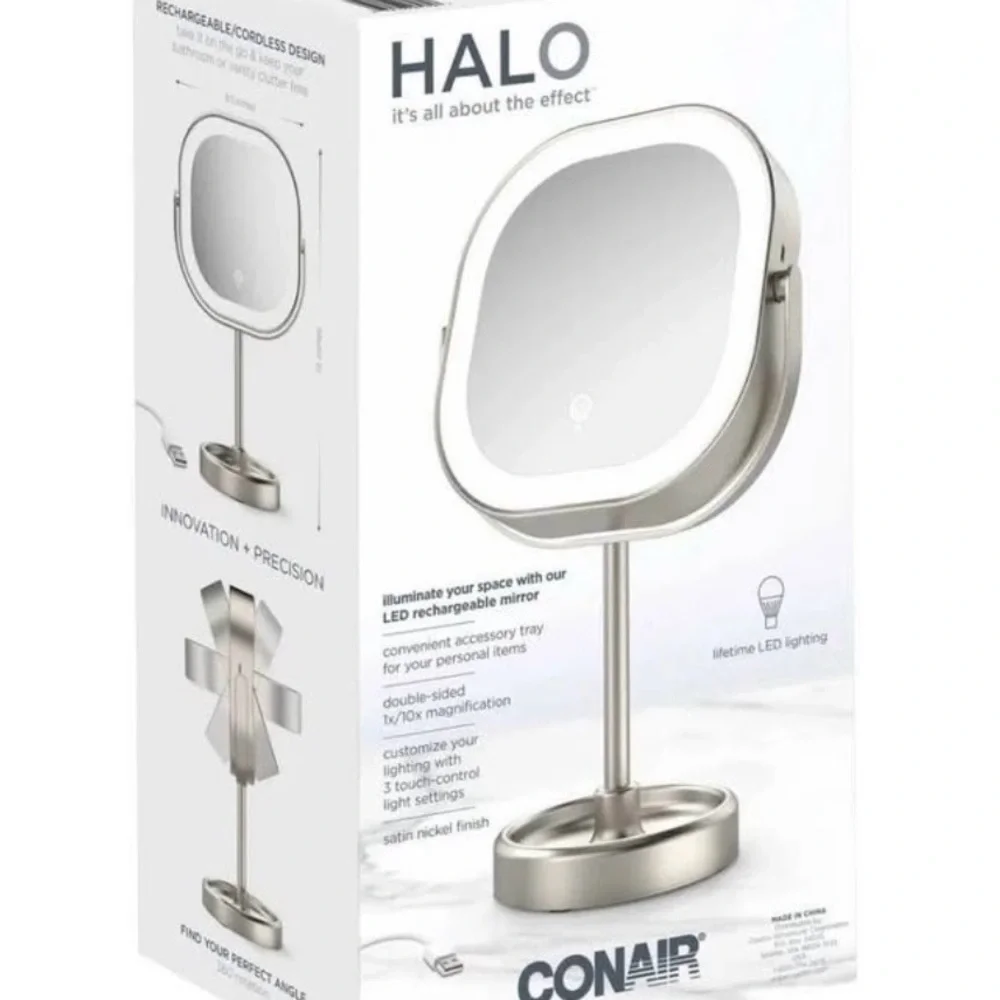 Conair Halo LED Vanity Mirror Rechargeable 10X magnification Double Size OpenBox